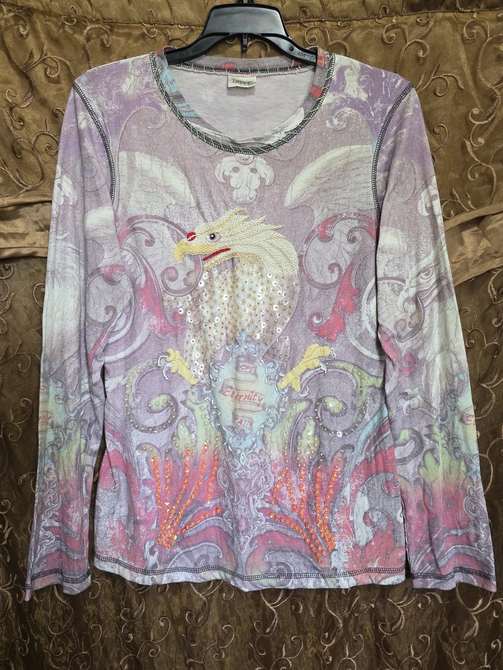 Lavender Eagle Sequin Long Sleeve Top with Multicolor Accents And Beading